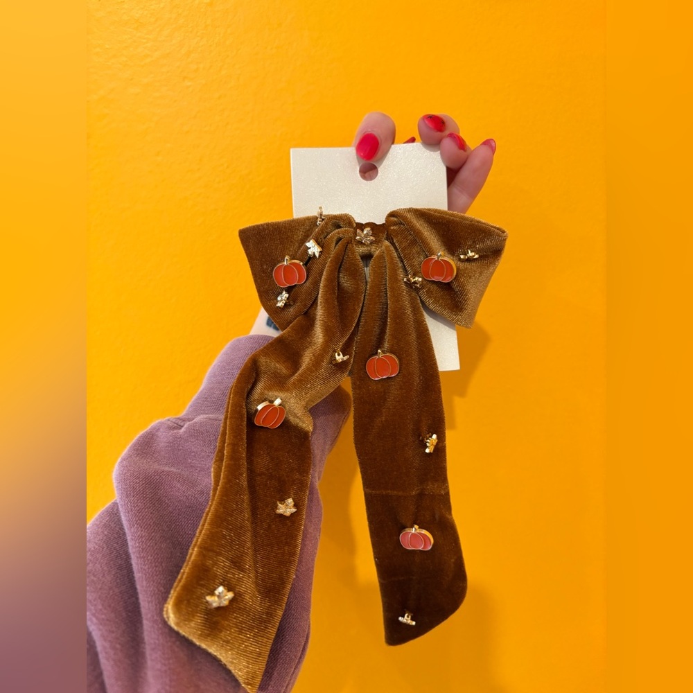 Target Brown Velvet Bow Hair Tie with Orange Pumpkin Charms